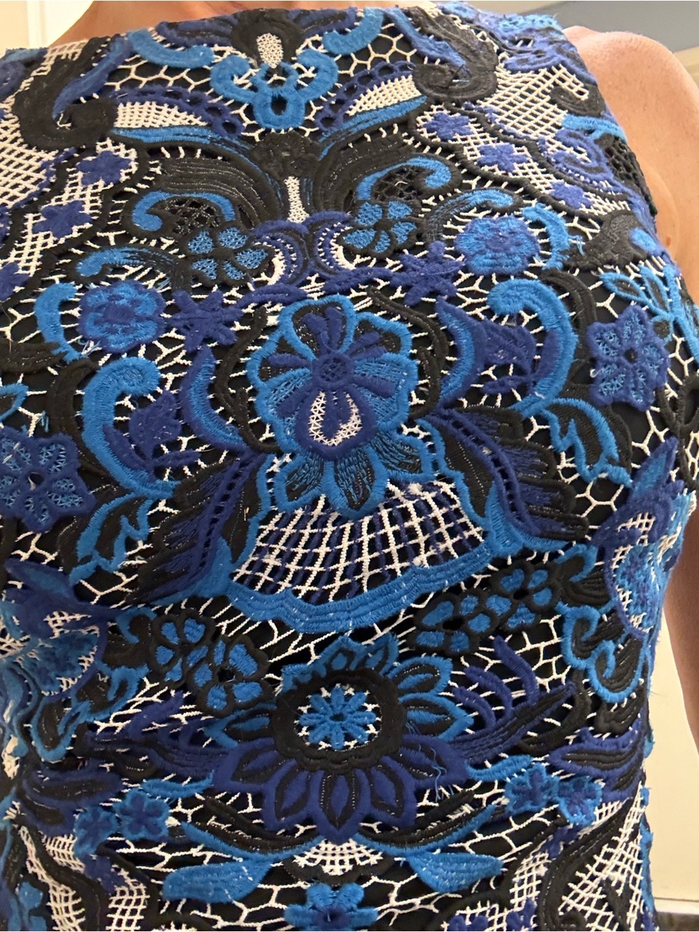 Badgley Mischka Blue Patterned Lace/Mesh Overlay Midi Sheath Dress - Picture 2 of 12